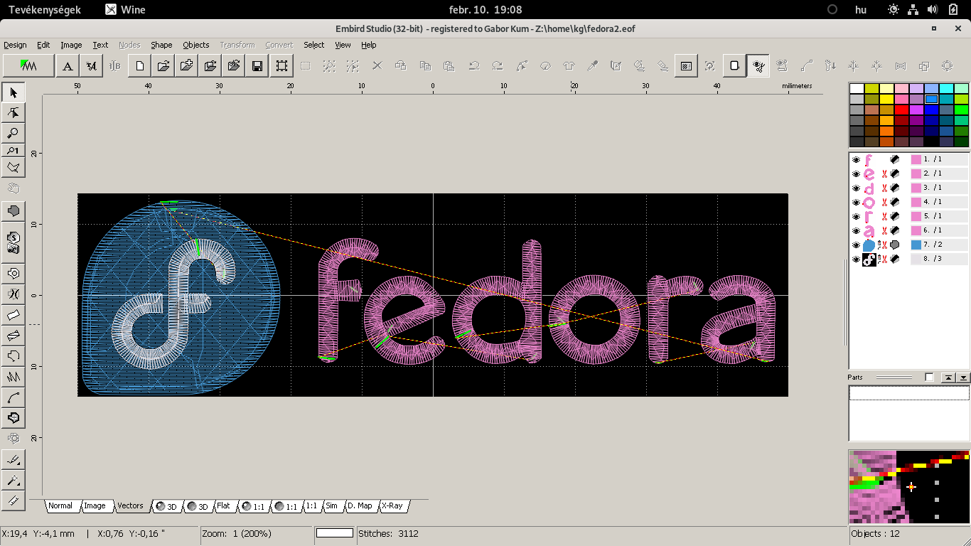 The Fedora embroidery design in Embird, under Linux.
